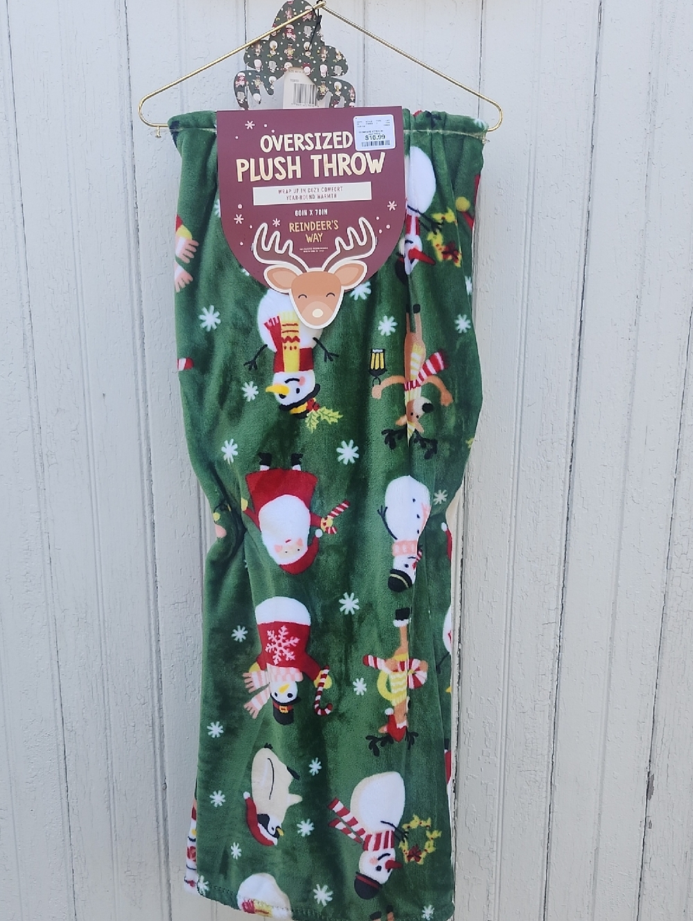 Envogue Green Christmas Plush Throw Blanket with Snowman & Reindeer